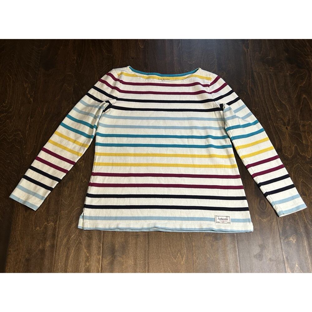 Talbots Shirt Womens‎ Sz SP White Blue Yellow Striped Cotton Long Sleeve T Shirt